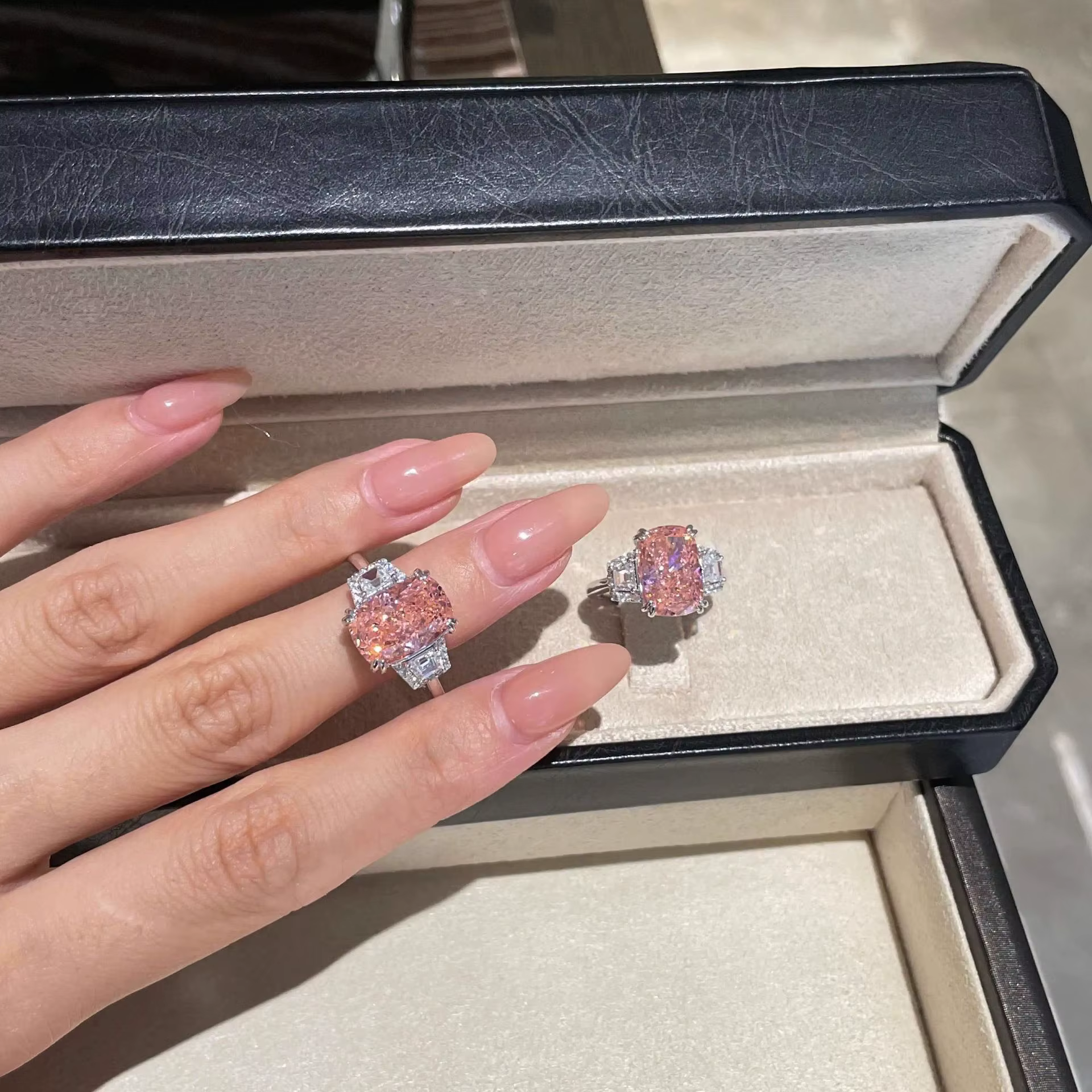 Bague en argent sterling S925 avec diamant rose taille fleur de glace, bague rectangulaire de luxe légère avec diamant à haute teneur en carbone pour femme