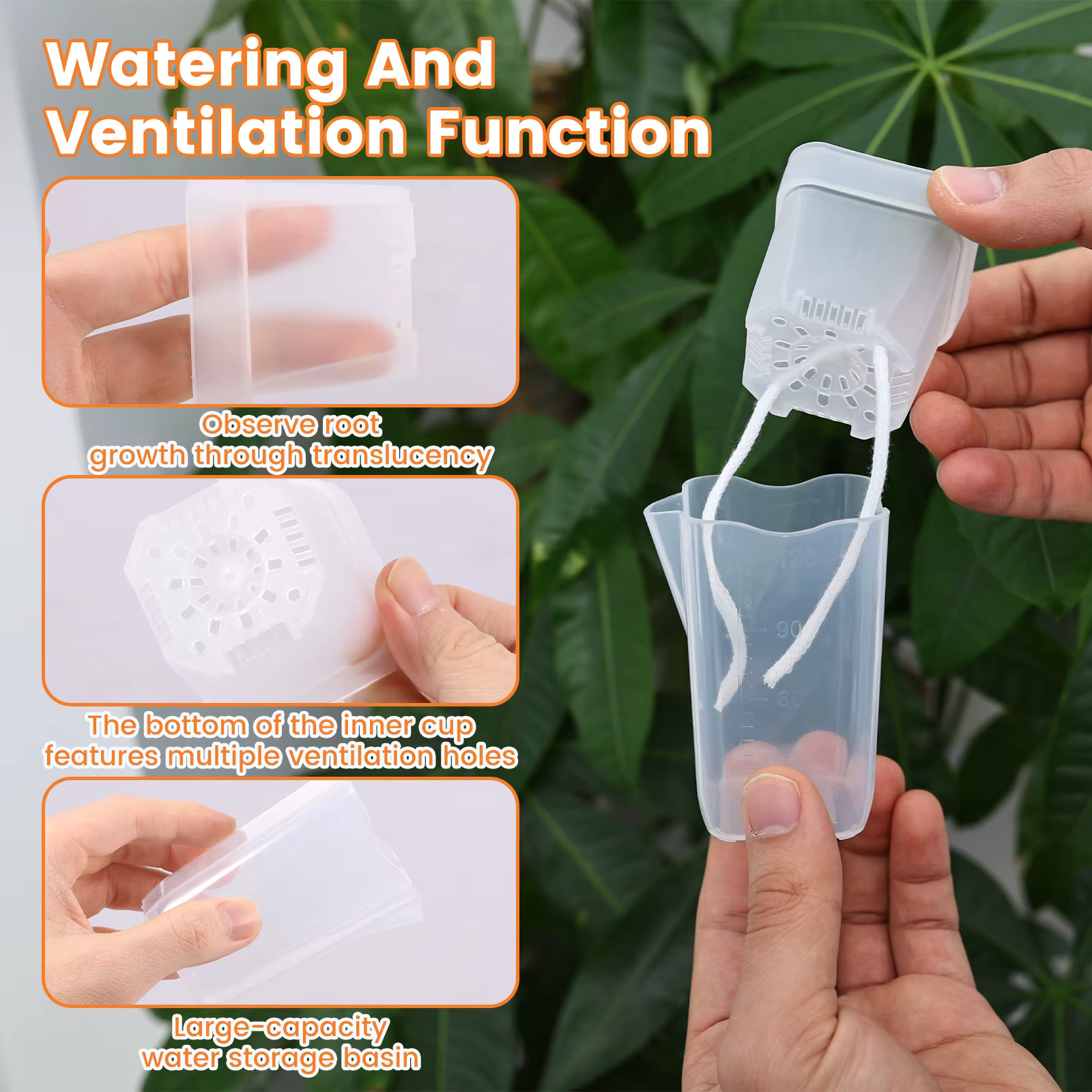 12 pots de plantes auto-arrosants transparents à double couche en plastique avec trous de drainage et corde en coton