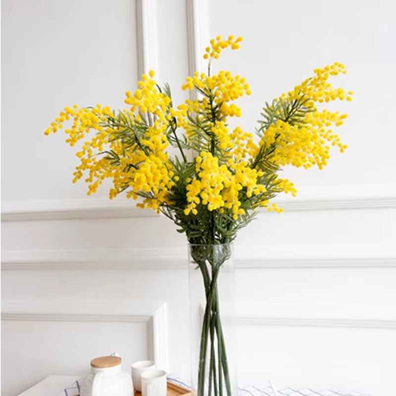 86cm 3 fourchettes Acacia artificielle jaune Mimosa peluche Pudica Spray cerise fausse fleur de soie décor de fête de mariage plante de haricot rouge
