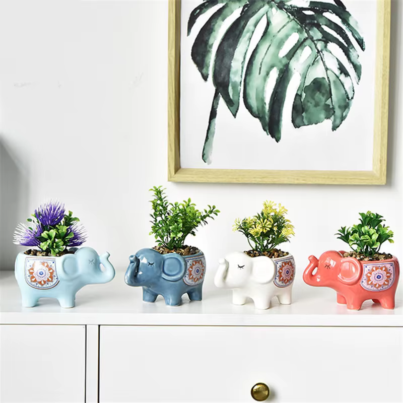 Pot de fleurs créatif en céramique en forme d'éléphant pour plantes succulentes avec trou de drainage