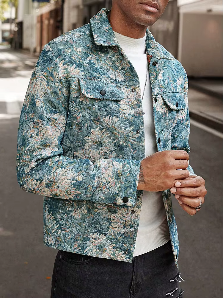 Veste texturée à motifs floraux vintage pour homme, manteau décontracté d'automne à manches longues, coupe ajustée, boutonnée, à revers, style cargo, pour homme, tendance