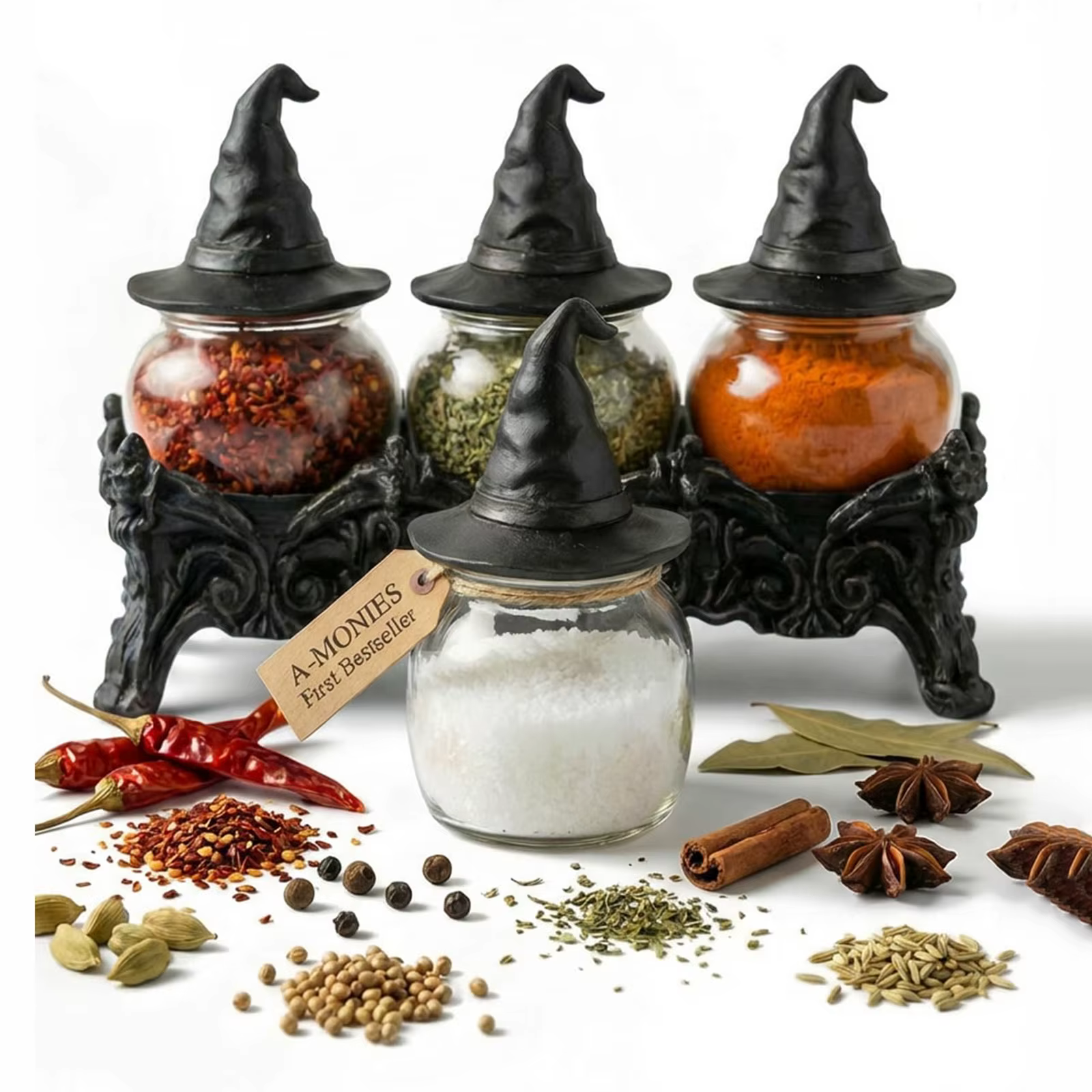 Ensemble de 3 pots à épices gothiques d'apothicaire avec couvercles en forme de chapeau de sorcière, décor de cuisine vintage unique, style Witchcore, ensemble de contenants de rangement pour épices