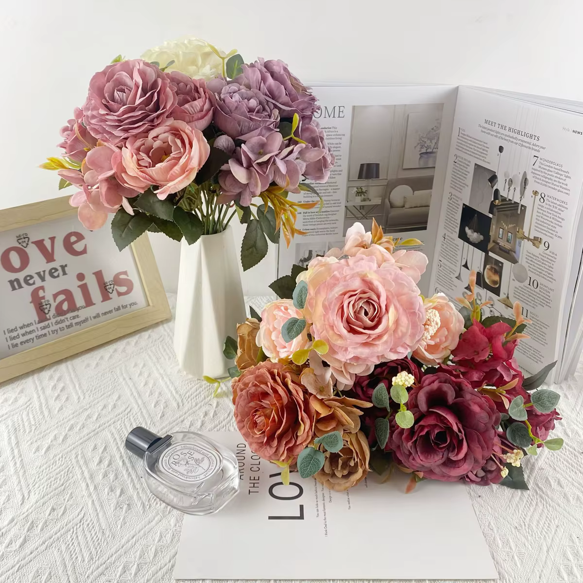 Bouquet de fleurs artificielles en soie : roses