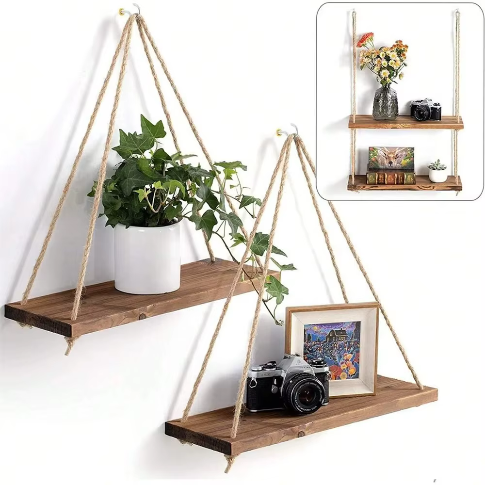 1pc Étagère murale suspendue en bois avec corde de chanvre