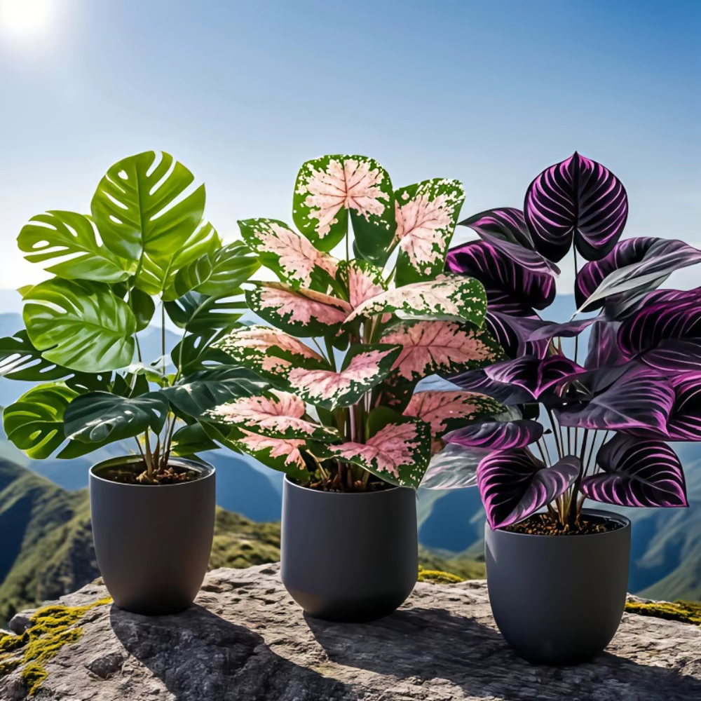 Ensemble de 3 grandes plantes artificielles vertes d'extérieur avec 36 feuilles