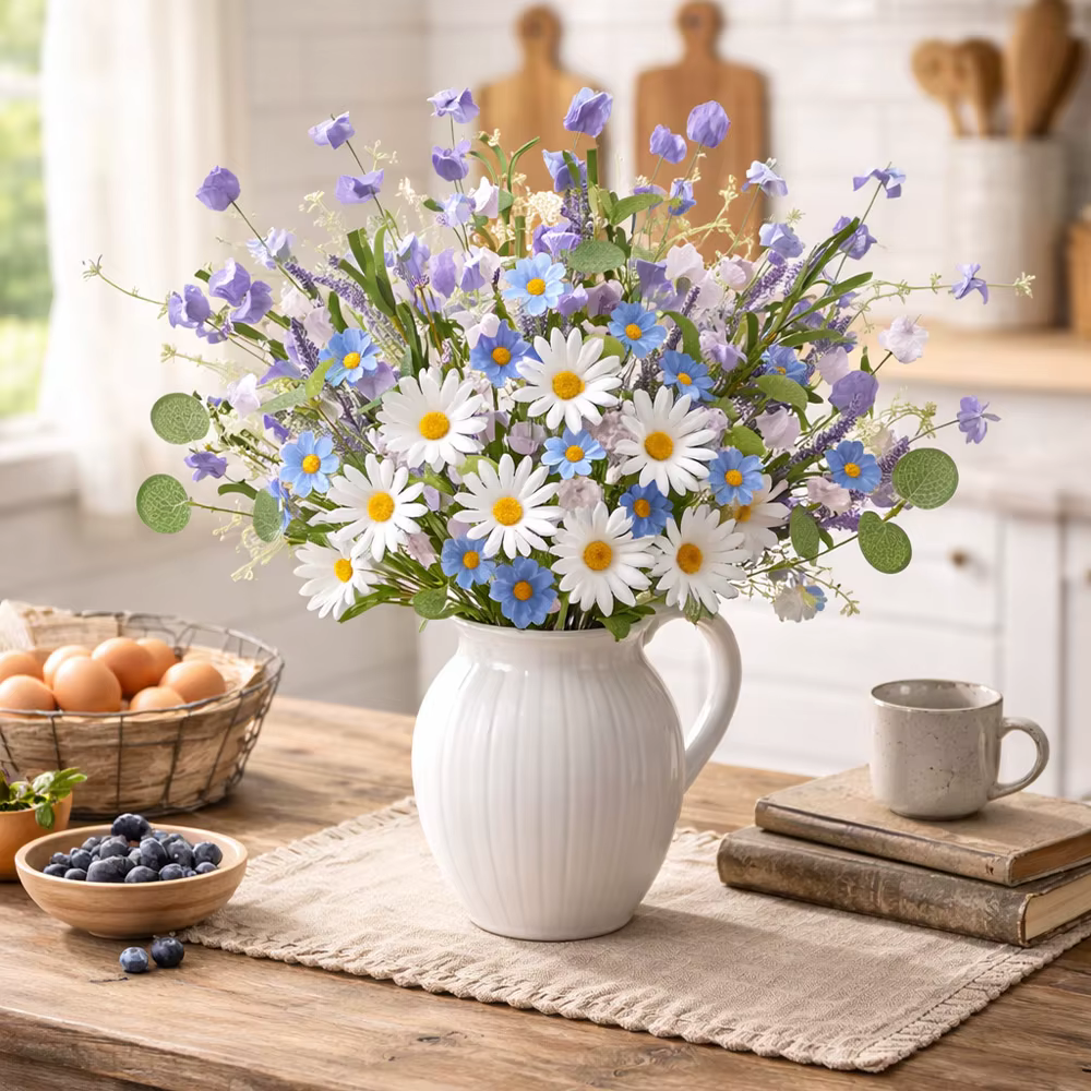 Fleurs artificielles de printemps rustiques bleues et blanches en soie