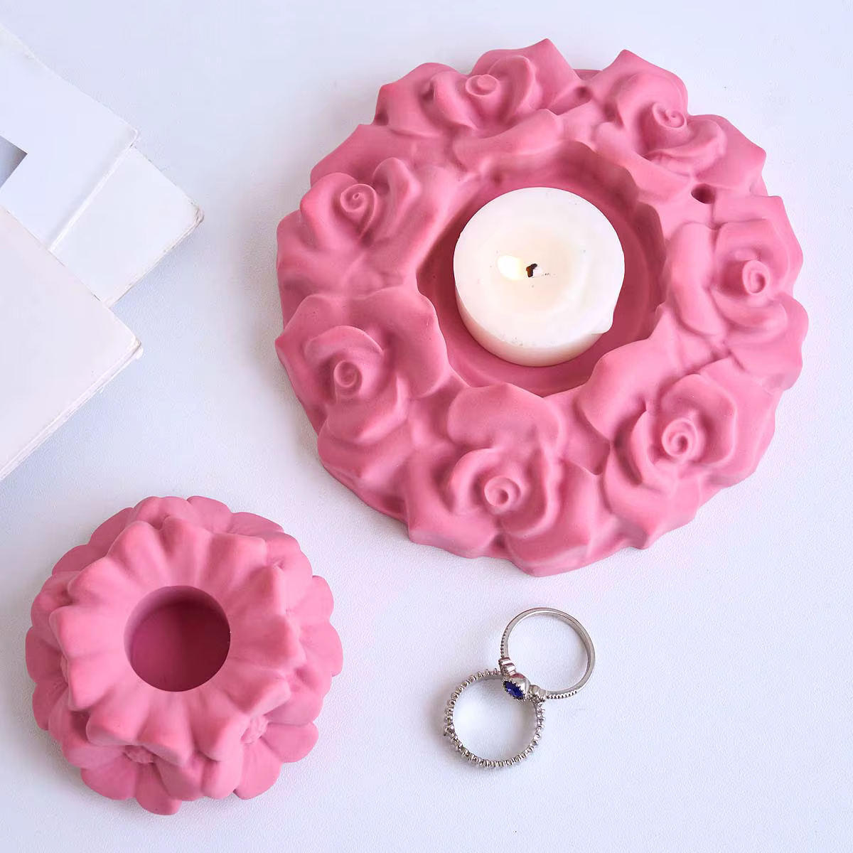 Moule en silicone pour bougeoir en forme de fleurs de cerisier et de roses, pour la fabrication artisanale de supports de bougies en plâtre et résine, moules de moulage pour la décoration intérieure