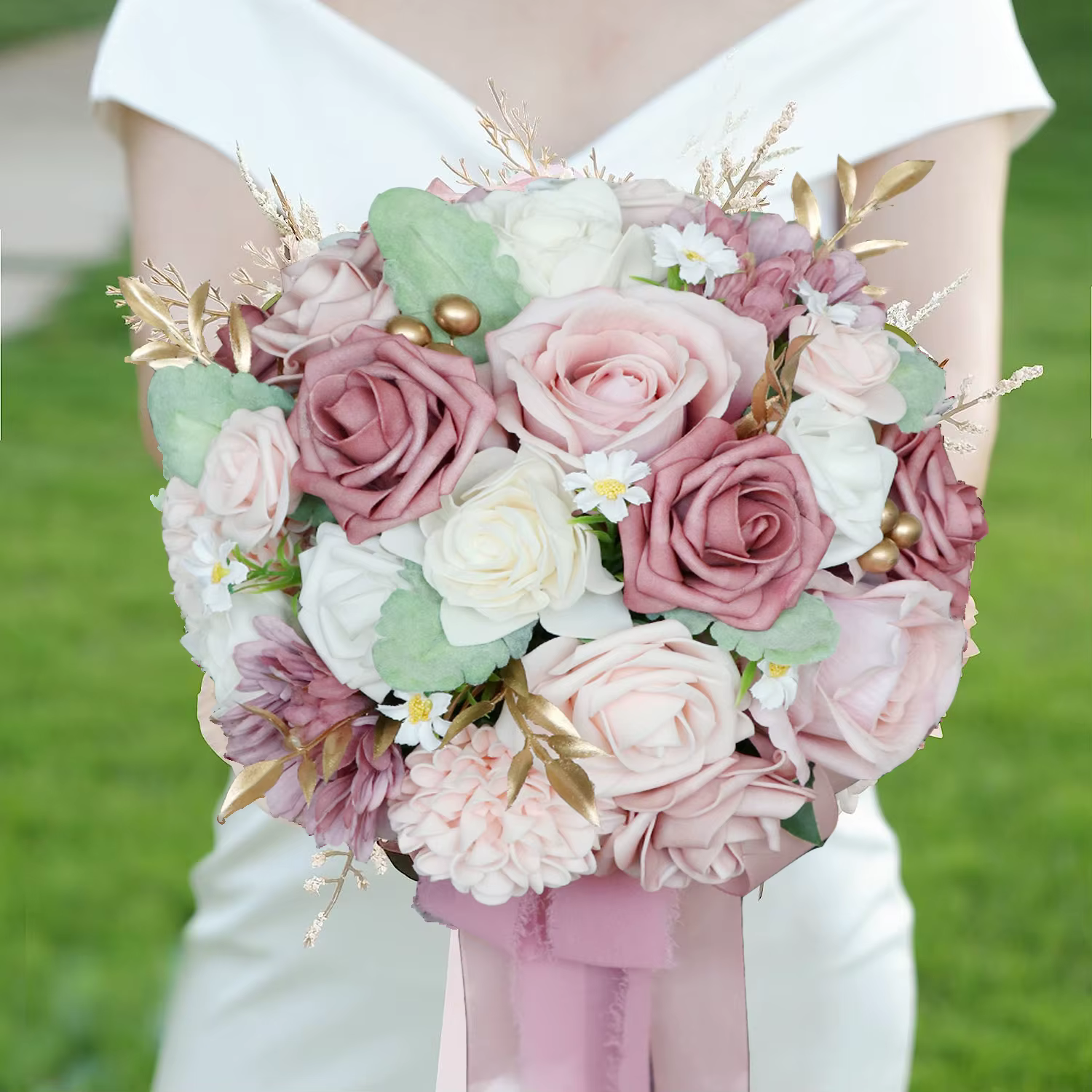 Yannew poussiéreux Rose fleur artificielle Bouquets de mariée