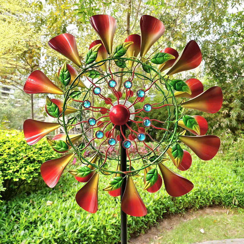 Moulin à vent à fleurs trompette Double face, avec lumière solaire rotative en fer, décor de jardin, Pinwheel extérieur, piquets de paysage, ornements