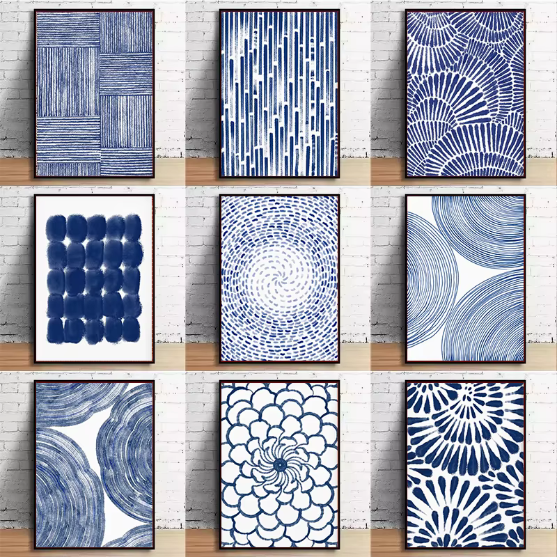 Affiche de fleur à points de ligne bleue aquarelle minimaliste