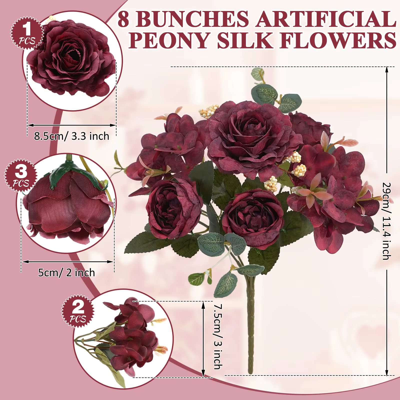 Pivoines bordeaux fleurs artificielles 2 pièces Rose hortensia Vintage fausses