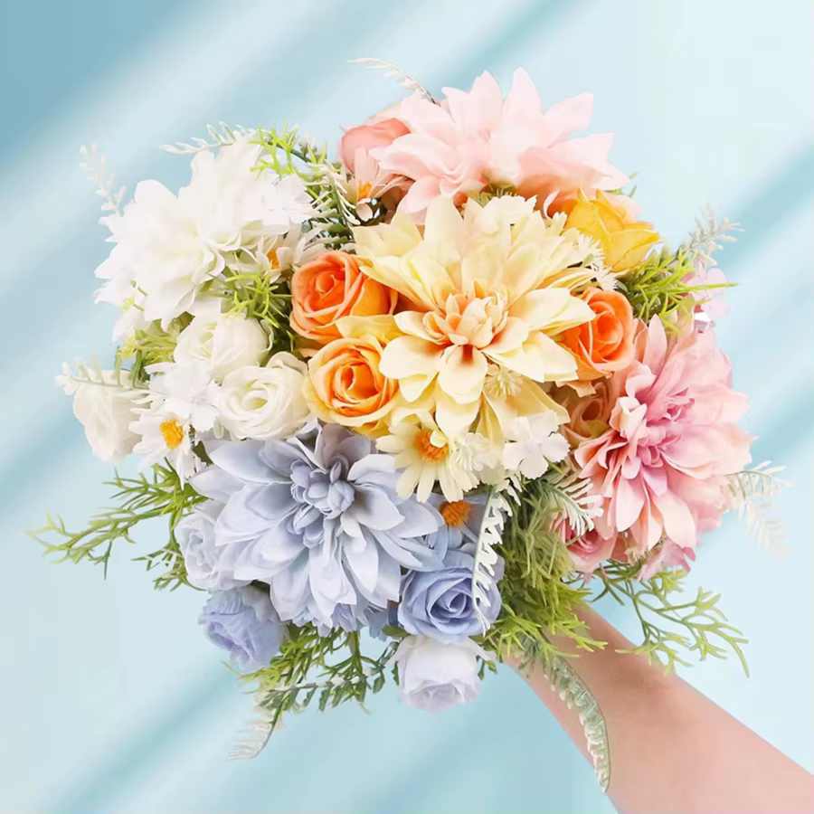 Artificielle Rose Fleurs De Mariage Maison Chambre Cour Décor Bouquet De Mariée Jardin Faux Soie Dahlia Hortensias Vase Pour Planche À L'extérieur