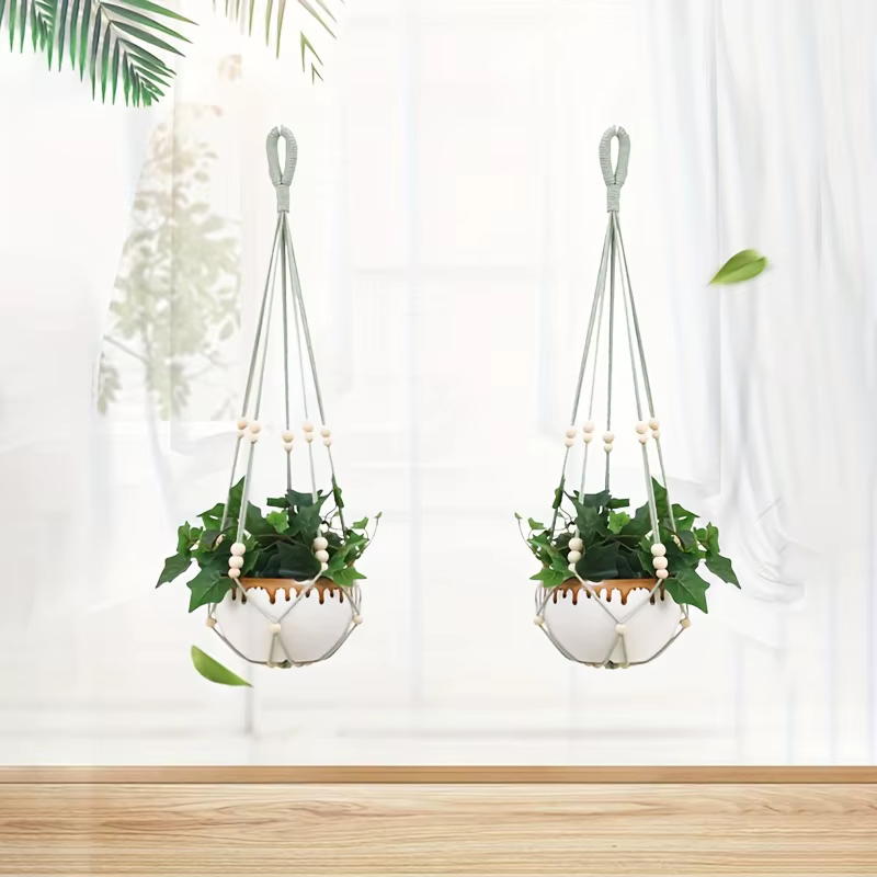 1/2pcs Porte-plantes chic avec perles en bois - Panier suspendu en tissu durable pour intérieur/extérieur pour petites plantes - Macramé décoratif