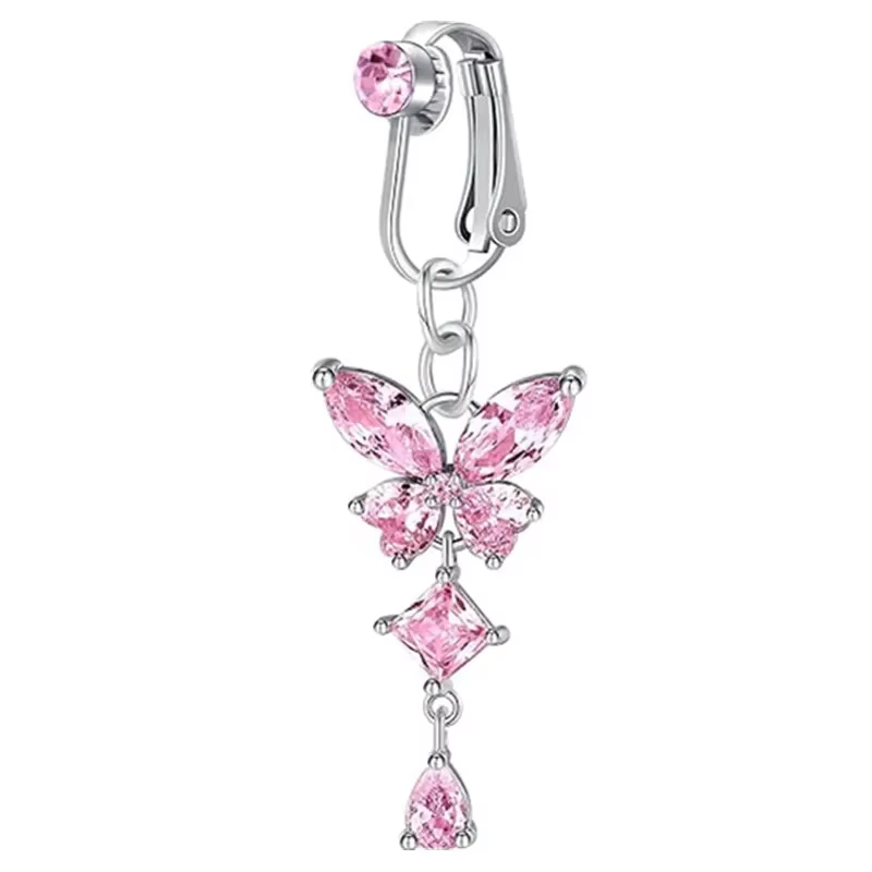 Clip sur nombril anneau papillon cuivre Zircon rose faux ventre Piercing ombilical nombril corps bijoux à la mode Style
