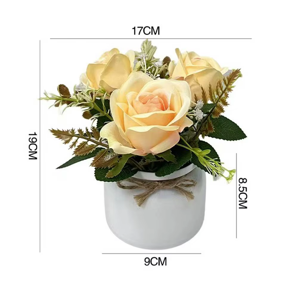 3 roses artificielles, plantes en pot