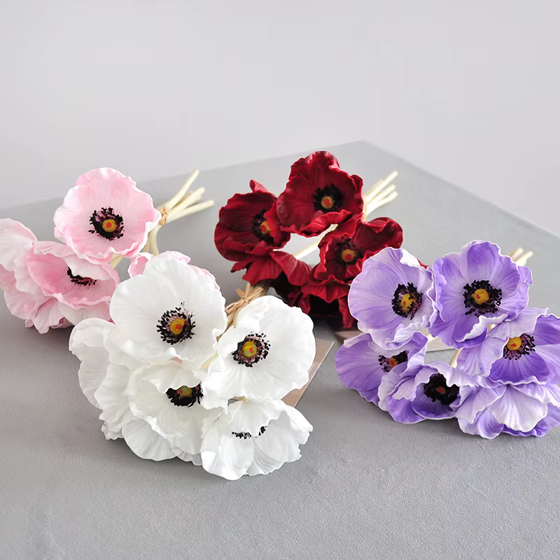 6pcs Branche de fleur de pavot de maïs au toucher réel Papaver Rhoeas artificiel pour bouquet de mariage décoration florale