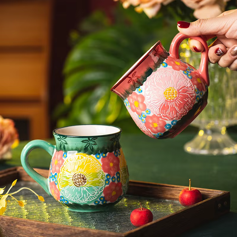Tasse en céramique à fleurs Vintage faite à la main, Design créatif café lait petit déjeuner tasse pour bureau maison rétro thé tasse d'eau 2025 nouveau