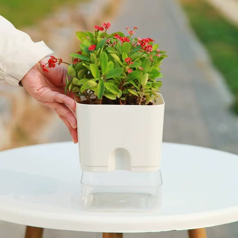 Pot de fleurs auto-arrosant blanc carré à double couche pour plantes d'intérieur et d'extérieur