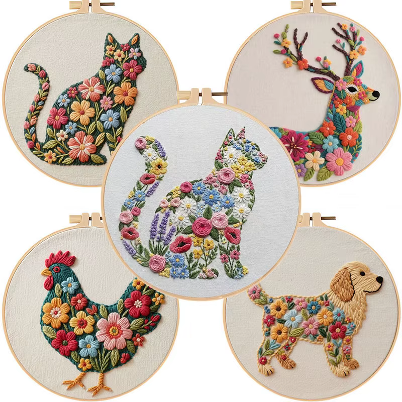 Kits de broderie motif chat fleuri, fournitures de couture à la main et de point de croix, supports, modèles et ensembles pour kits DIY faits main et artisanat pour adultes