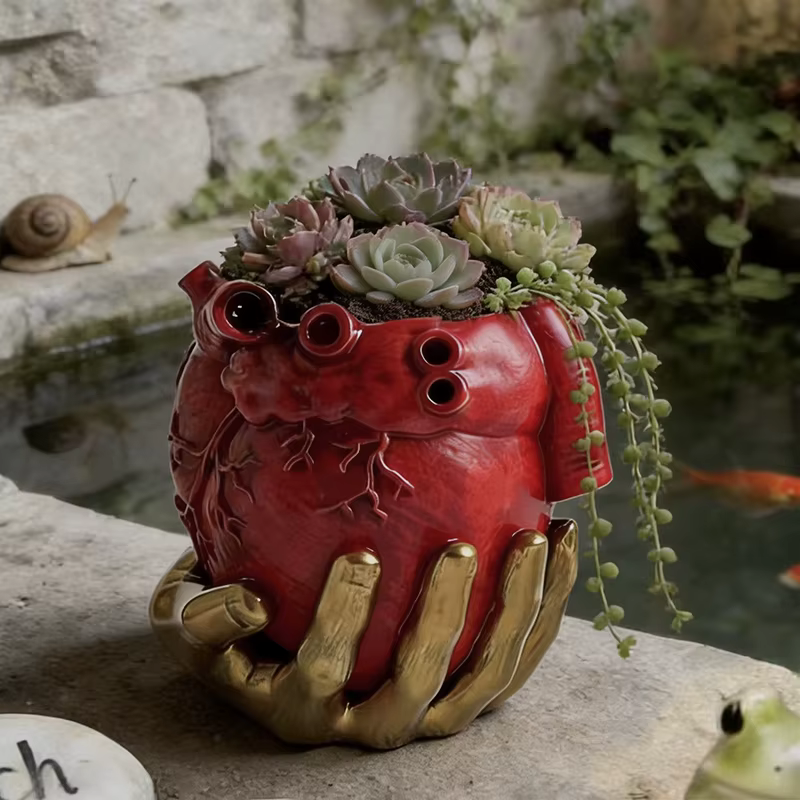 Pot de fleurs en résine rouge en forme de cœur anatomique avec support doré pour plantes succulentes