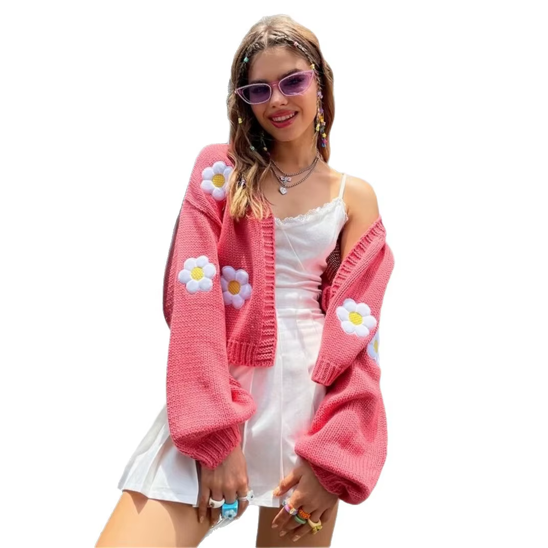 Pull-over cardigan pour femme, motif floral doux, nouvelle collection automne, coupe ample, court, tricoté