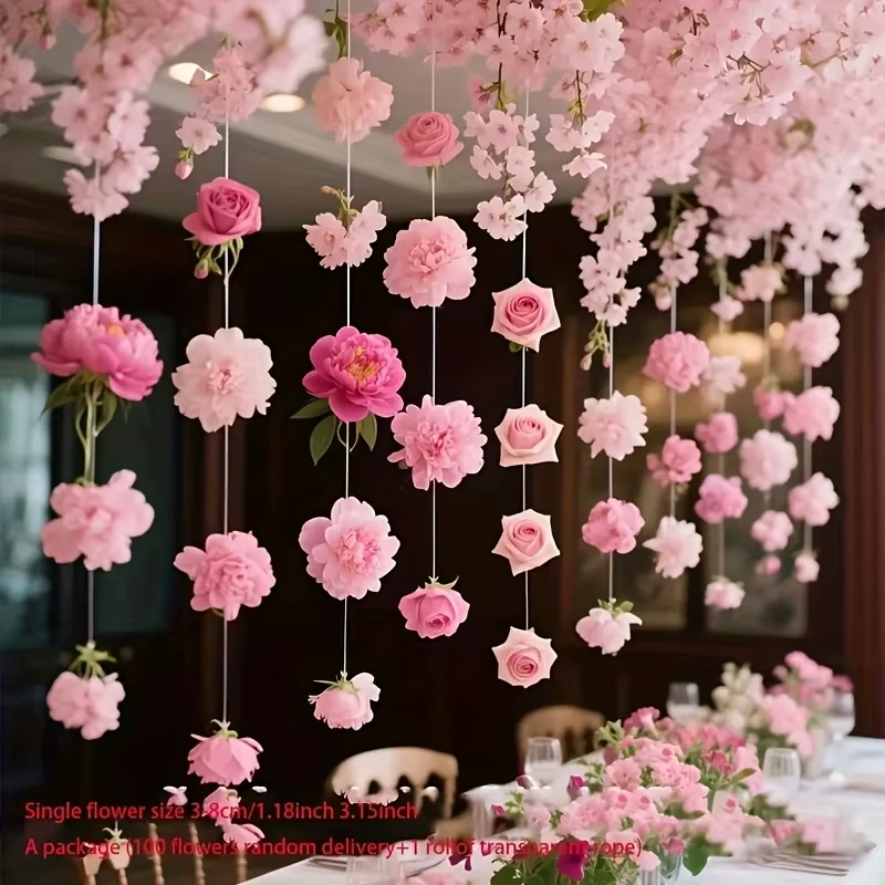 100 fleurs artificielles roses - Décorations suspendues de style bohème pour rideaux
