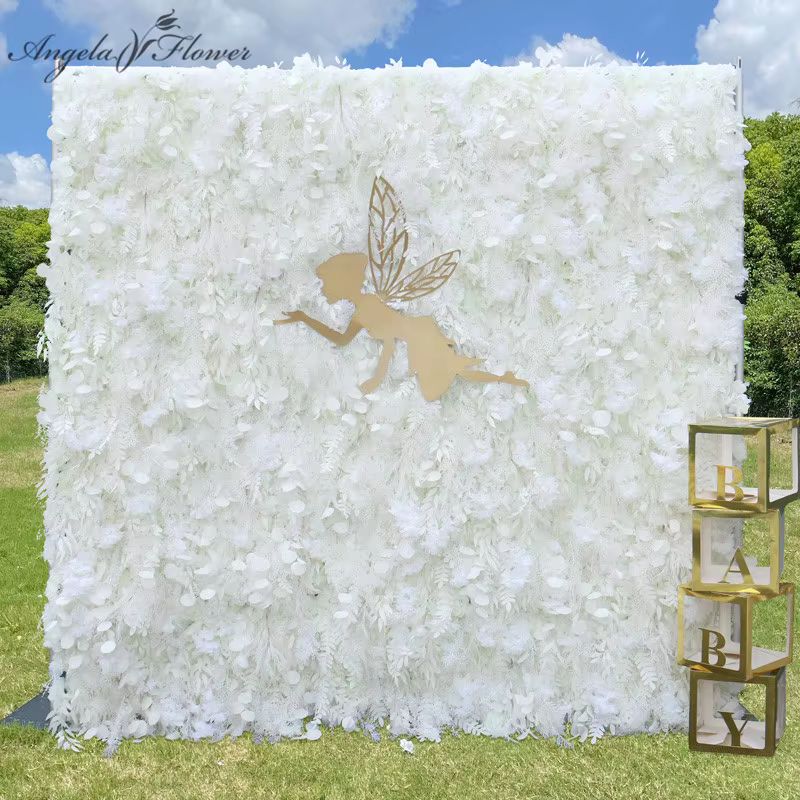 Mur de fleurs artificielles en tissu blanc enroulable