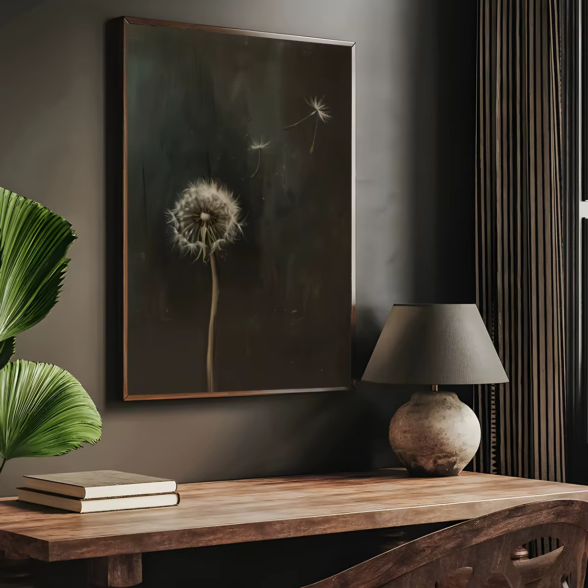 Toile minimaliste avec fleur de pissenlit foncé