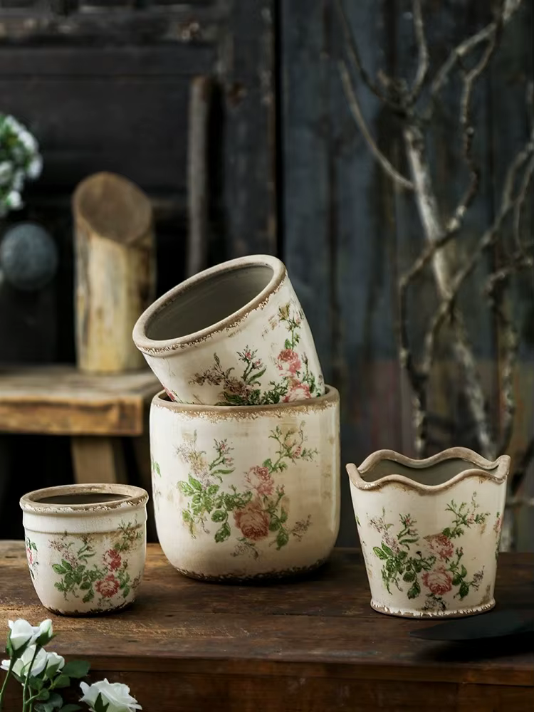 Pot de fleurs en céramique rose vieilli style vintage français pour plantes vertes