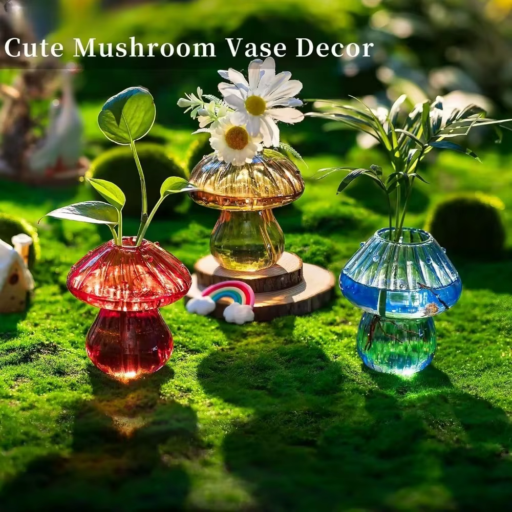 Vase de jardinière en verre de champignon avec Base en bois