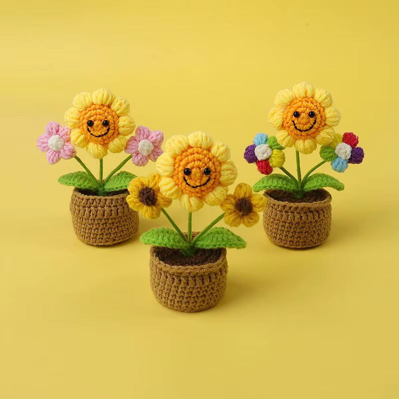 Kawaii Crochet tournesols tricot Pot de fleur Finnshed plante faite à la main voiture Table décor faux tournesol Flores