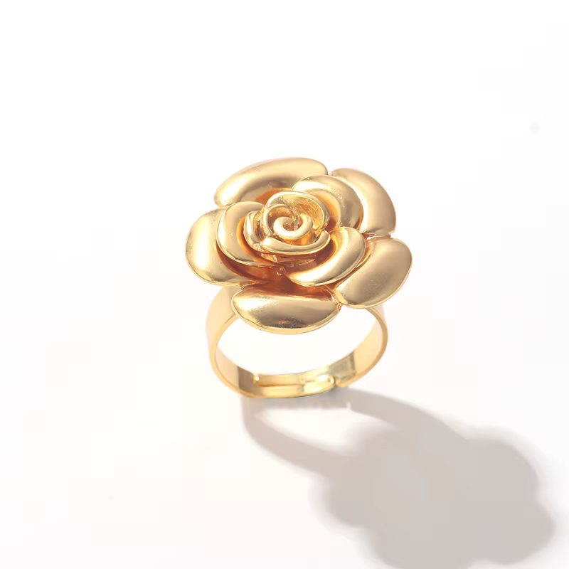 Bague Fleur Rose Dorée de Luxe pour Femme - Bijou Élégant à Motif Floral, Idéal pour Mariage, Fiançailles, Fête