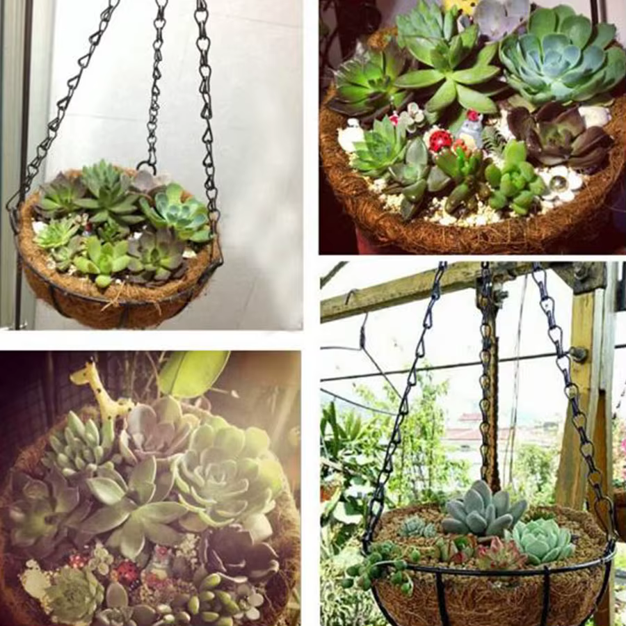 Jardinière suspendue demi-lune en métal avec insert en fibre de coco