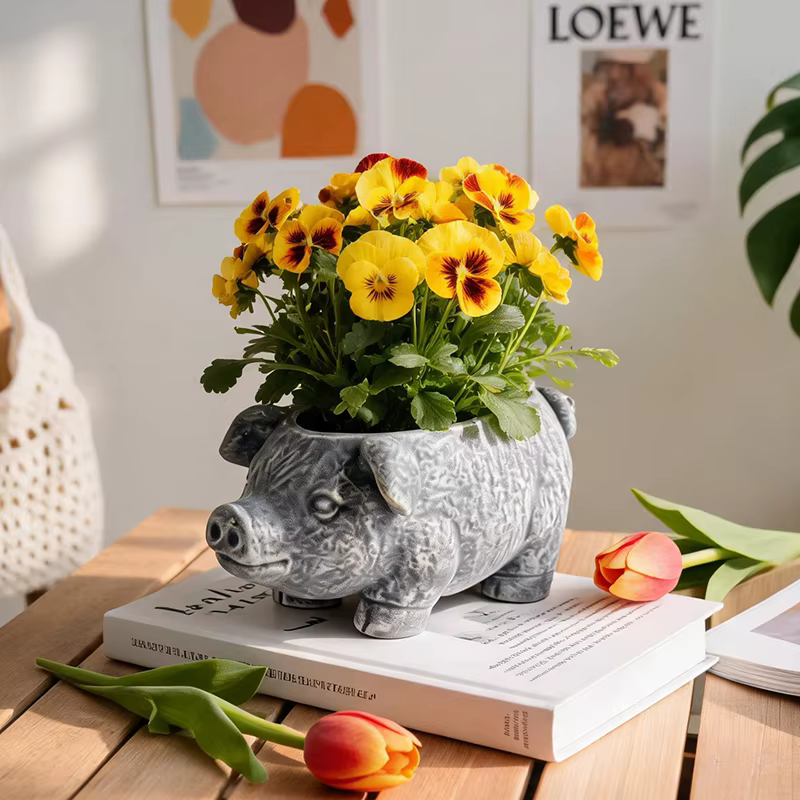 Wabi Sabi Weathered Pig Resin Planter Distressed Animal Succulent Pot for Balcony Patio Rustic Minimalist Garden Accent