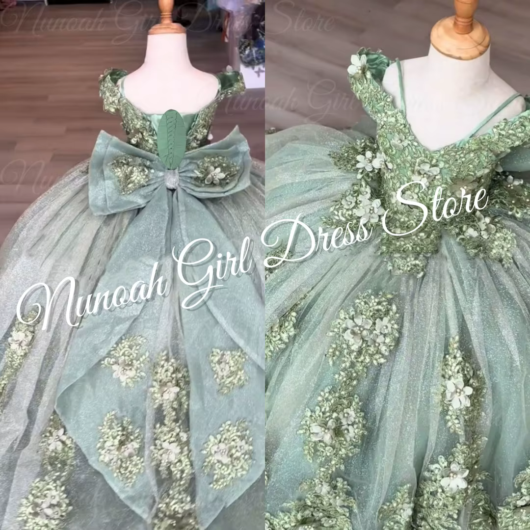 Robes vertes pour filles, pour mariage, avec appliques en dentelle florale, robes de fête d'anniversaire pour filles, robes de communion personnalisées