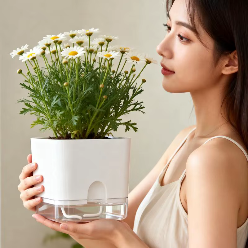 ▪ Pot de fleurs auto-arrosant blanc carré à double couche pour plantes d'intérieur et d'extérieur, balcon, jardin, décoration