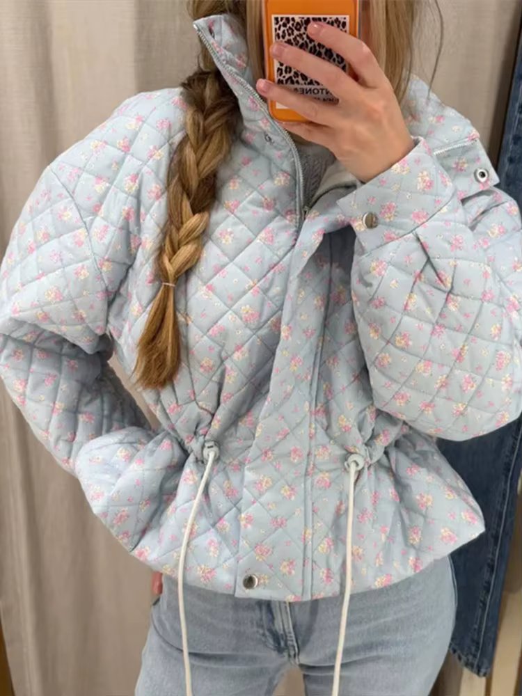 Veste matelassée pour femme à imprimé floral, avec cordon de serrage à la taille, fermeture éclair et boutons, col montant, courte, chic et tendance