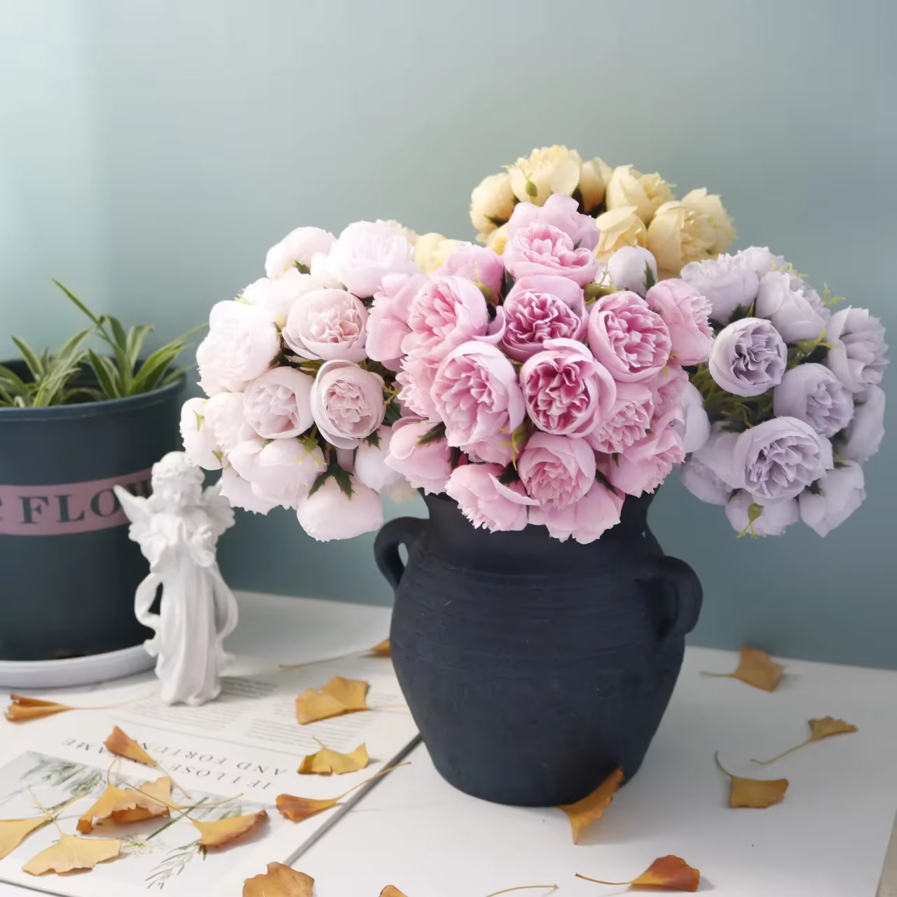 27 têtes Rose pivoine fleurs artificielles Bouquet de soie Roses fausse fleur pour Vase de Table organiser