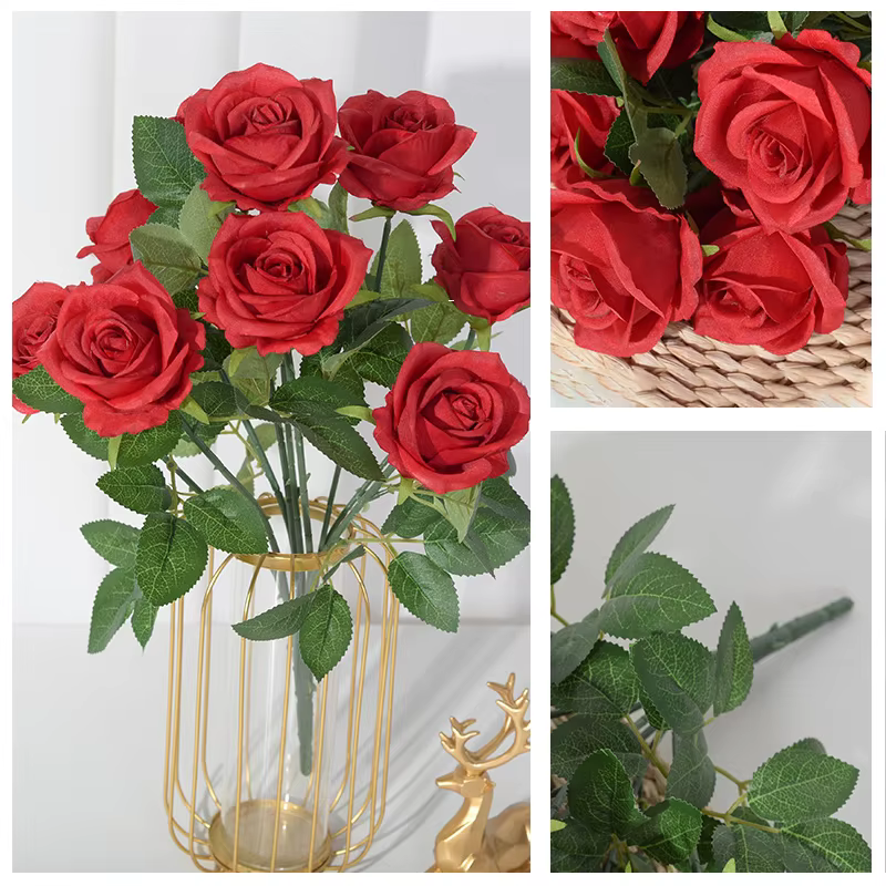 Roses artificielles en soie marron à 9 têtes