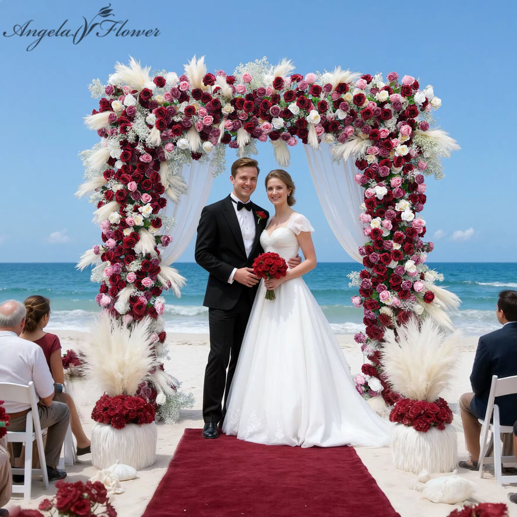 Angela fleur A8788 Rose rouge Pampas herbe
