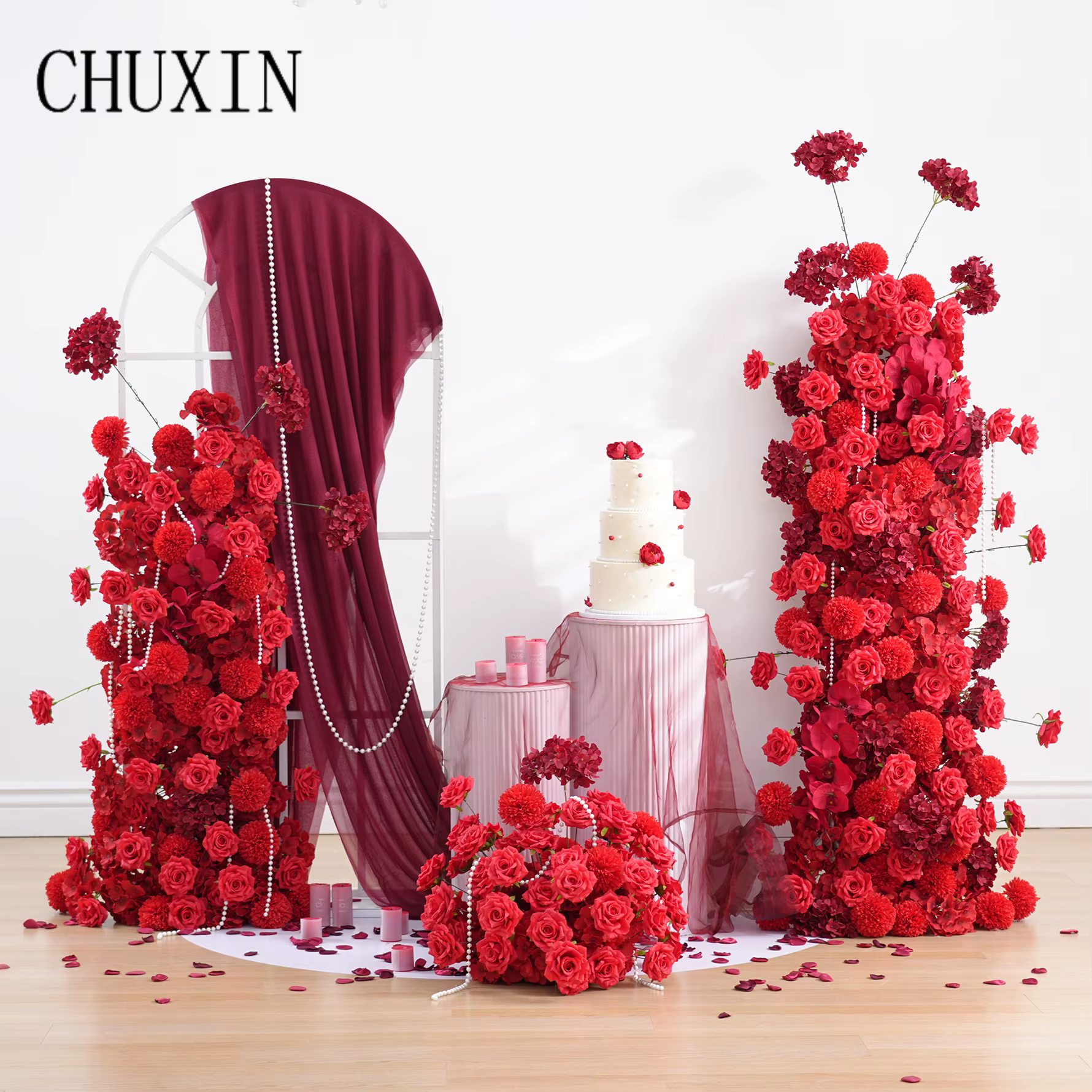 C8887 Appassion rouge Rose Pompon Arrangement Floral KT conseil Photo toile de fond idées passerelle fleur mariage fête d'anniversaire fournitures