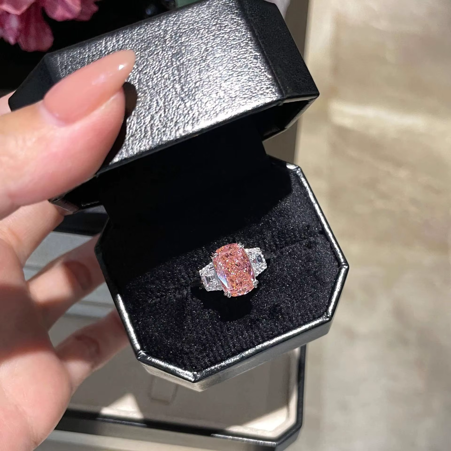 Bague en argent sterling S925 avec diamant rose taille fleur de glace, bague rectangulaire de luxe légère avec diamant à haute teneur en carbone pour femme