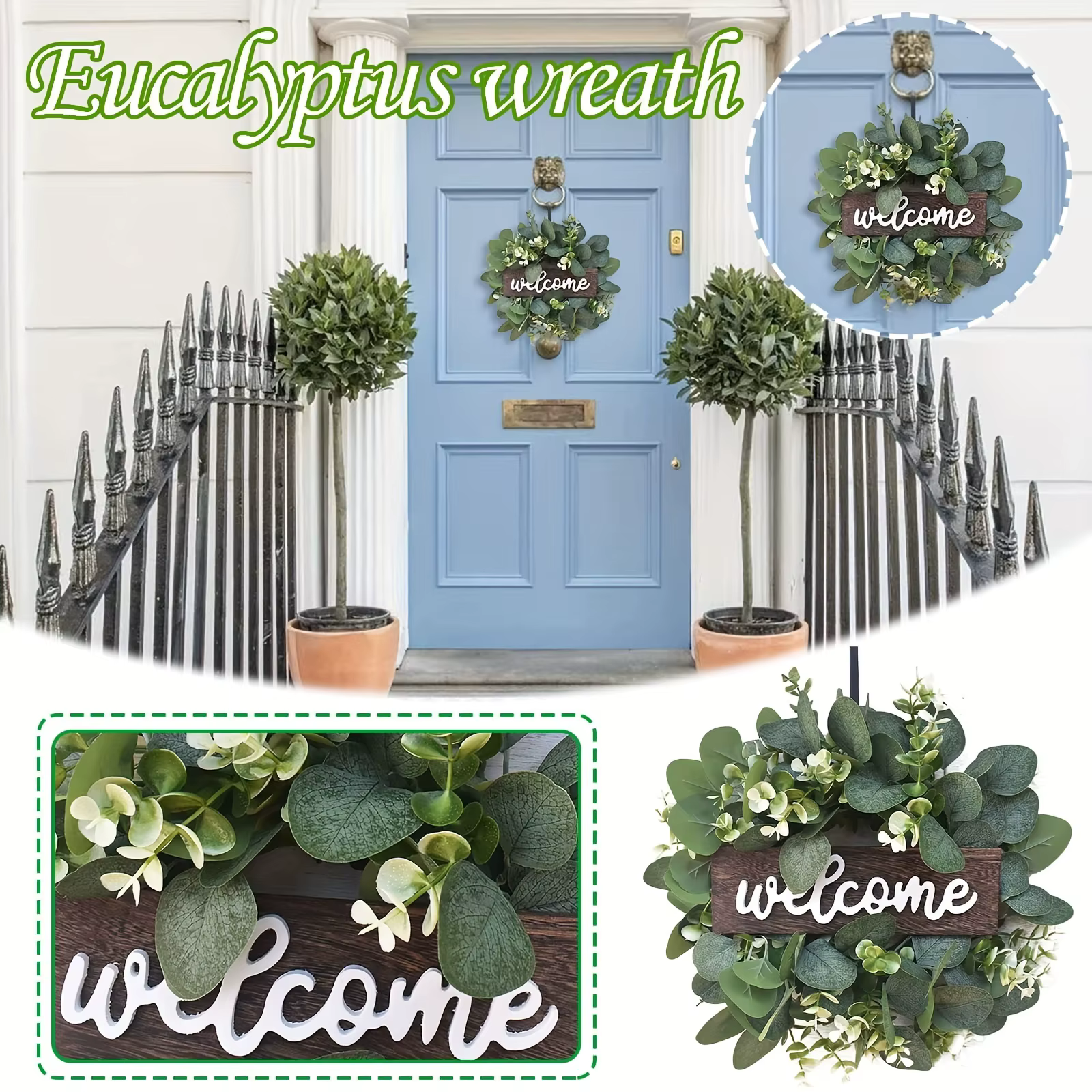 Couronne d'eucalyptus vert avec signe de bienvenue