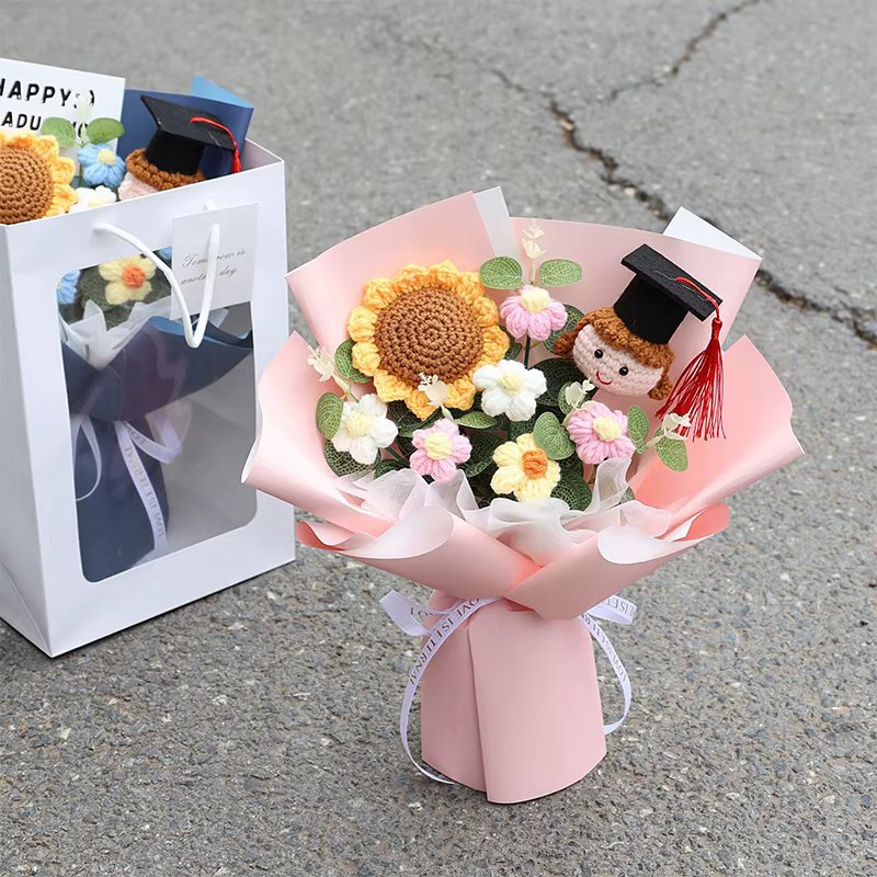 Bouquet de tournesols au crochet fait main – Cadeau amusant pour la remise des diplômes du lycée