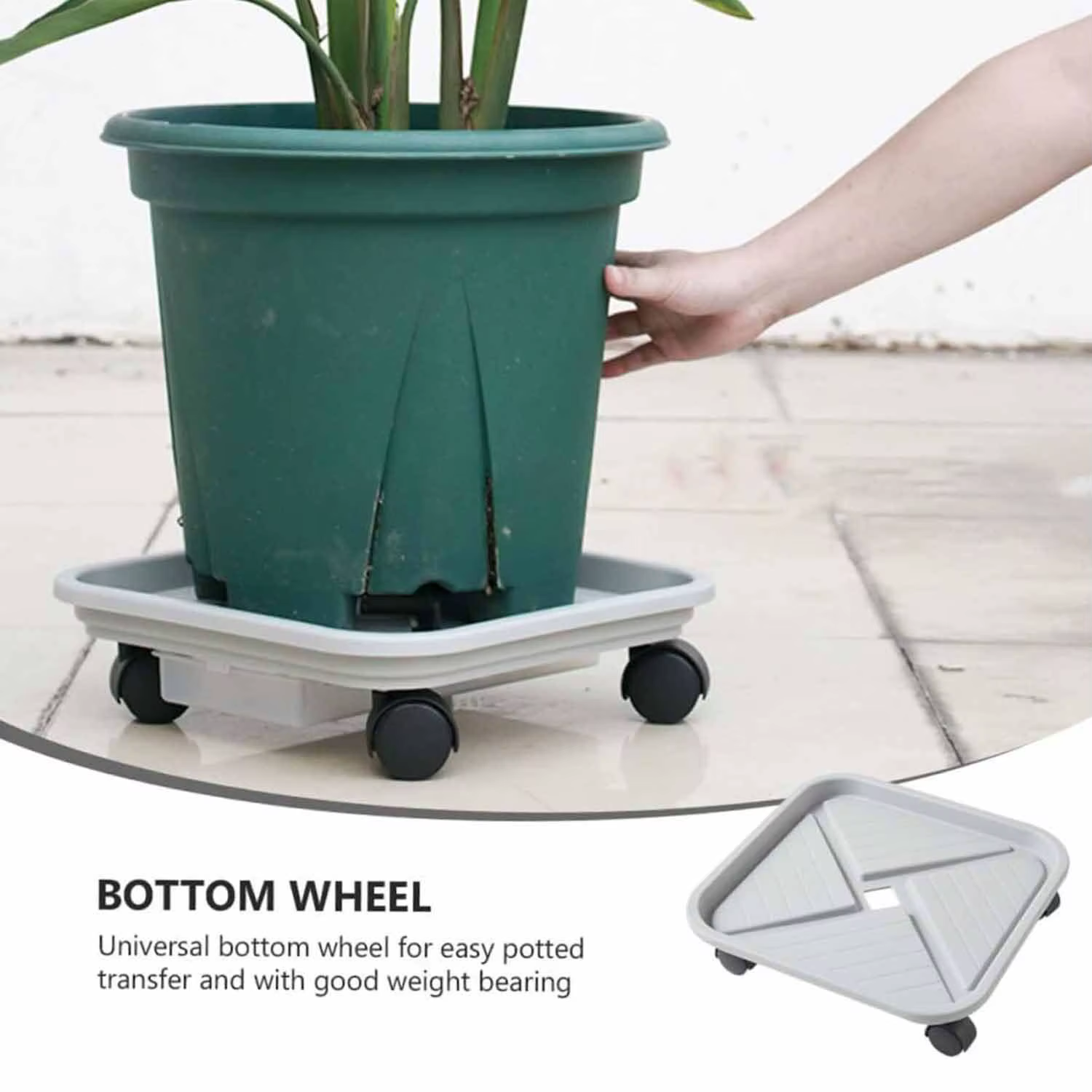 Une cage à boules pour plantes avec quatre roues et un plateau de drainage