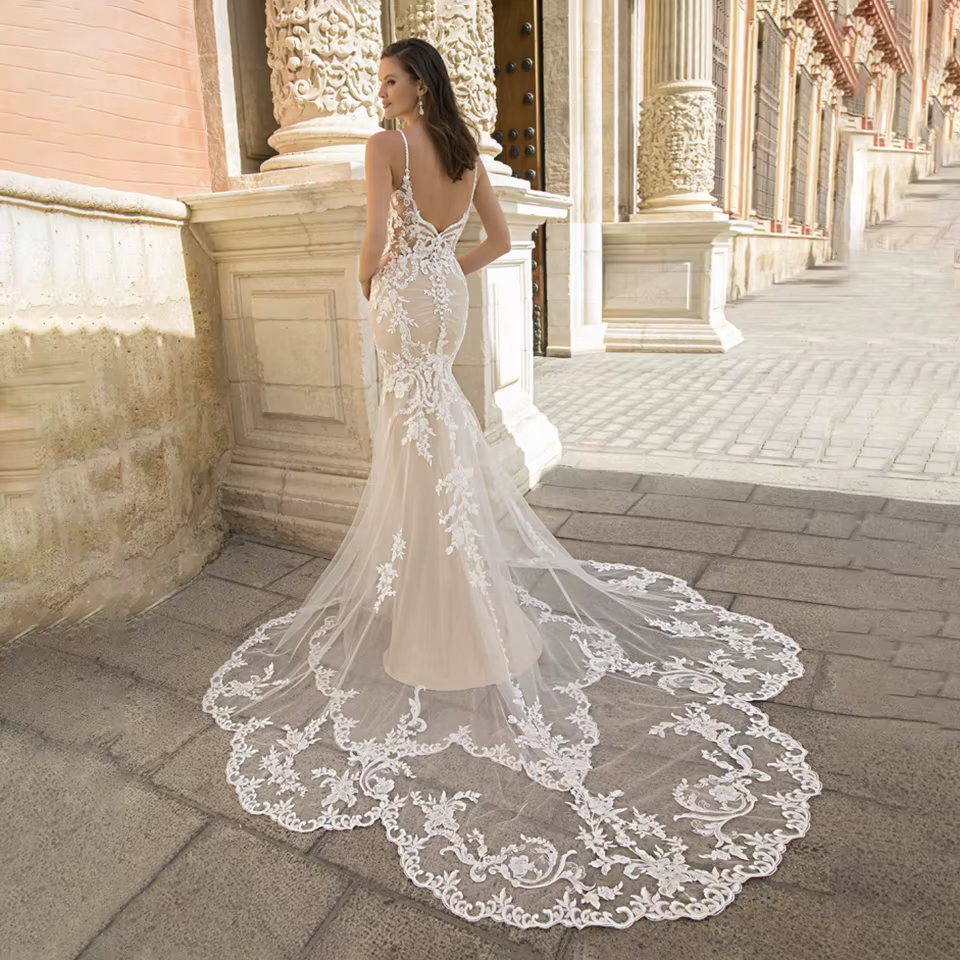 Superbe robe De mariée sirène pour mariée Tulle dentelle Appliques col en v bretelles Spaghetti Court Train robes De mariée robes De Novia