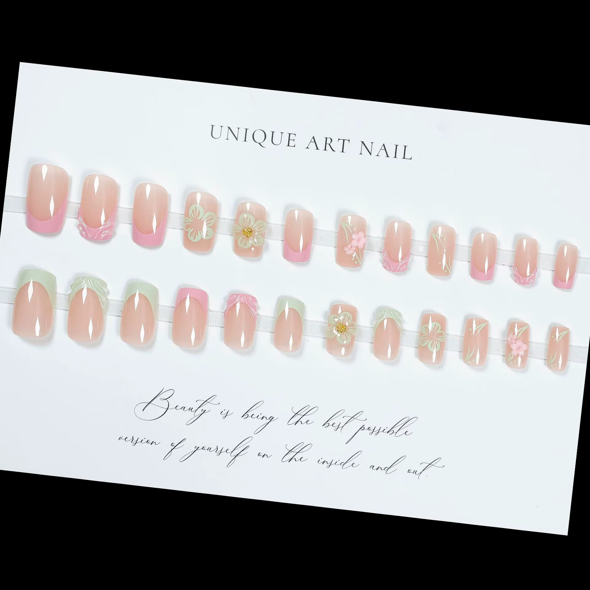 Faux ongles 3D pour femmes et filles, style français, blanc, rose, vert, bordure embossée, fleurs, bandes, printemps été, pose facile.