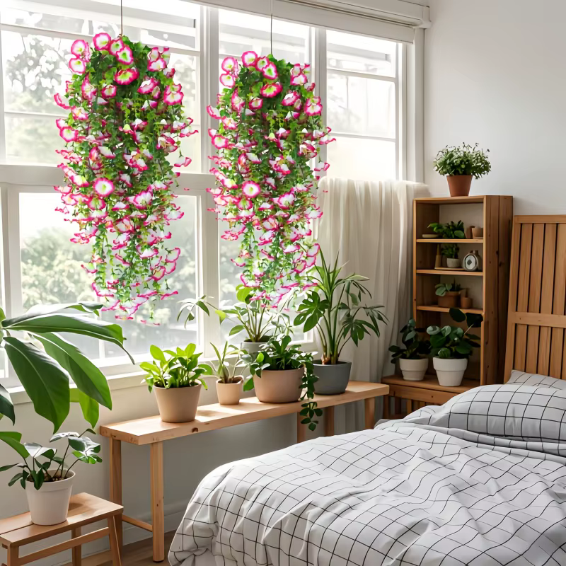 Artificial Morning Glory Hanging Vines – Realistic Outdoor Flowers for Garden Decor