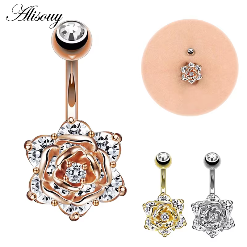 Piercing du ventre, fleur Rose, piercing du nombril, anneaux mignons pour le nombril, piercing chirurgical en acier pour femmes, mode cadeaux de noël