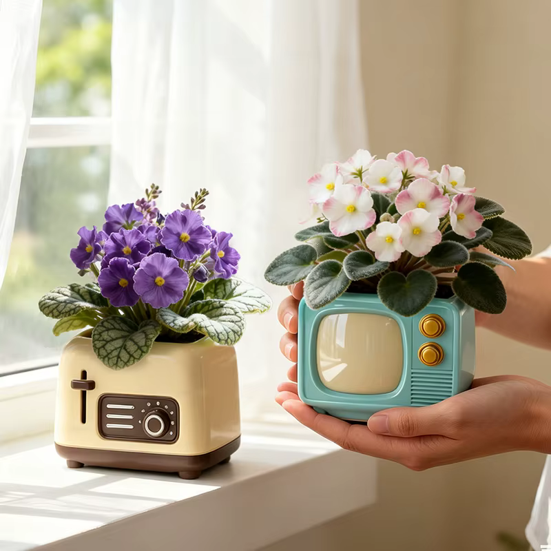 Pot de fleurs vintage en résine en forme de téléviseur